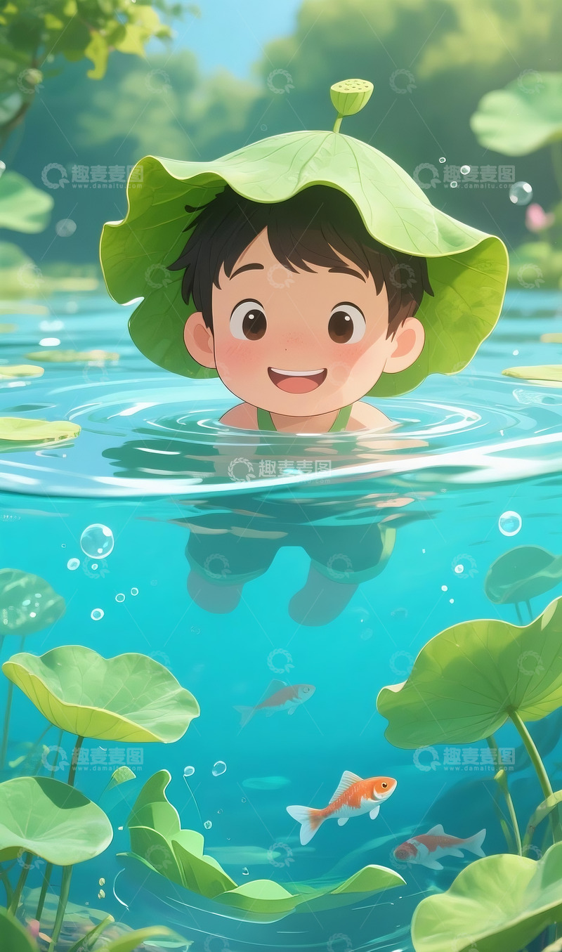 高清大图下载【趣麦麦图】夏日池塘戏水儿童插画2