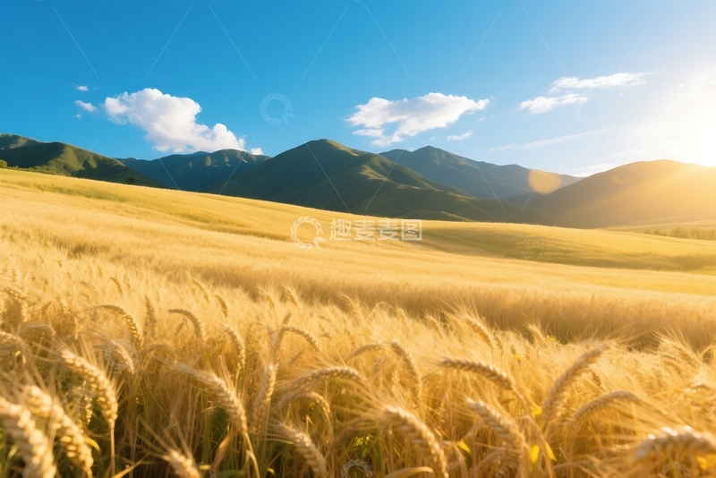 高清大图下载【趣麦麦图】风景，夏天，山脚下的金色麦田 