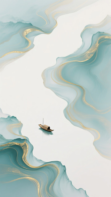 鎏金中式河流小舟背景图1