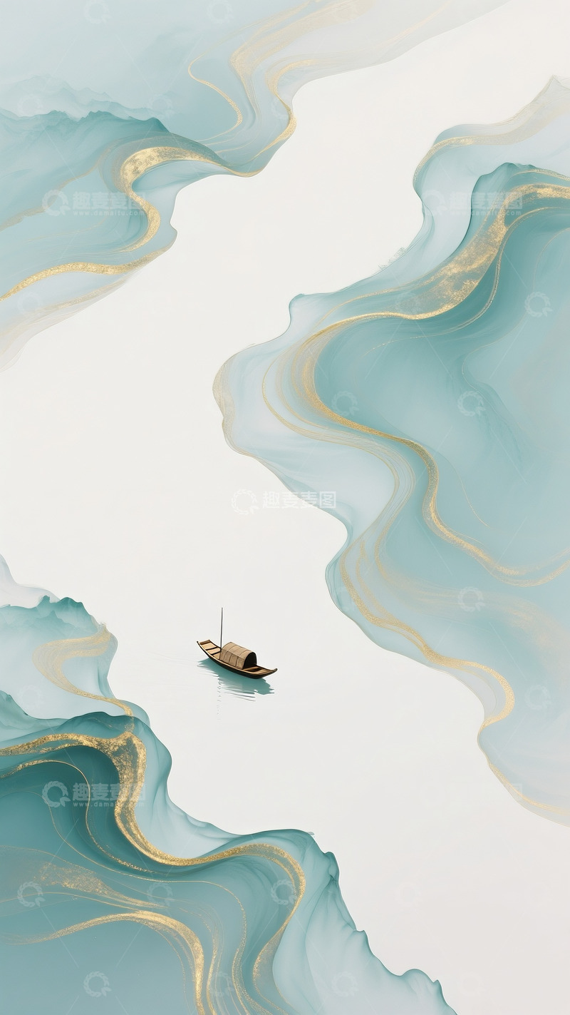 鎏金中式河流小舟背景图1