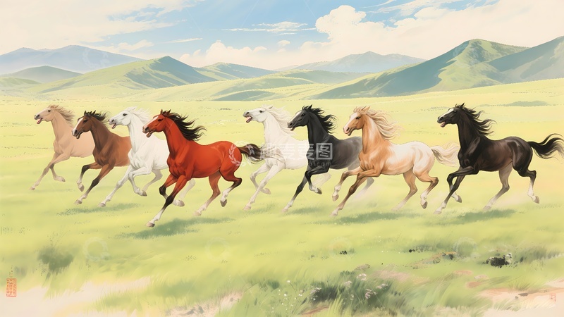 高清大图下载【趣麦麦图】八骏马马到成功1
