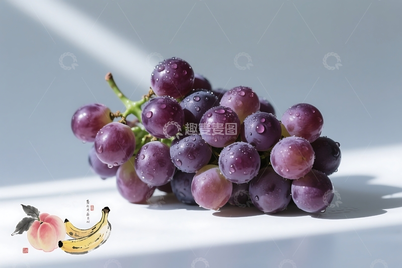 高清大图下载【趣麦麦图】多种水果水墨画背景左下 