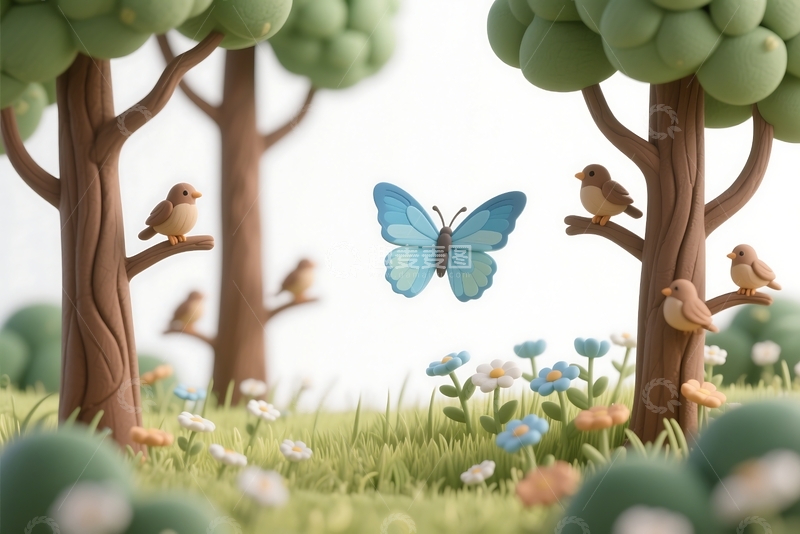 高清大图下载【趣麦麦图】3D粘土质感夏季草原森林背景 