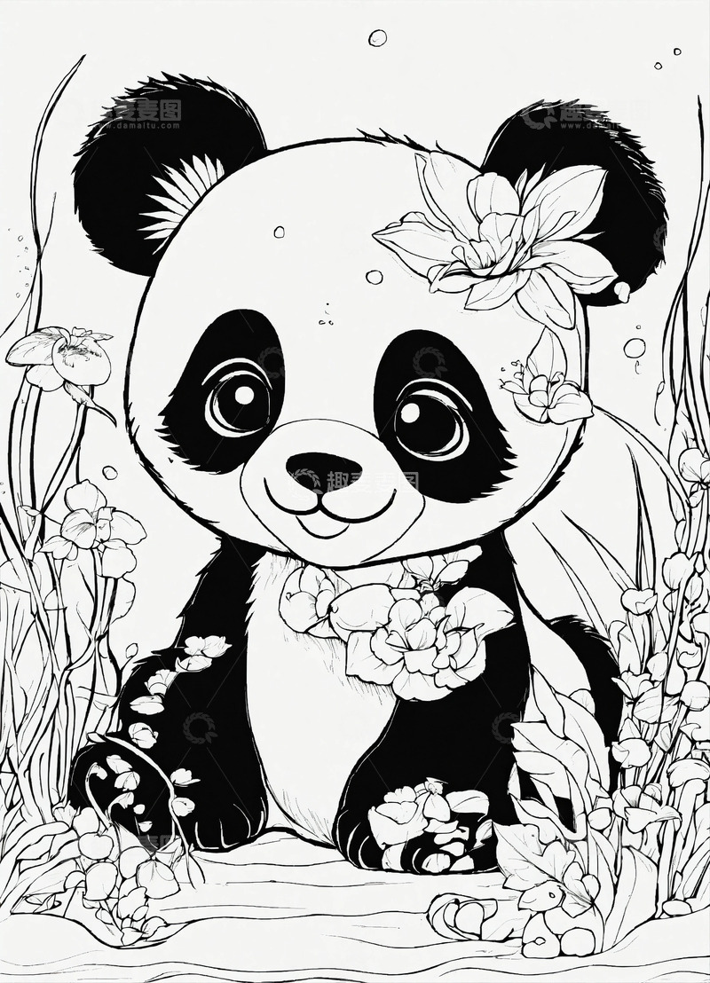 高清大图下载【趣麦麦图】黑白女熊猫宝宝素描AI插画高清海报背景3