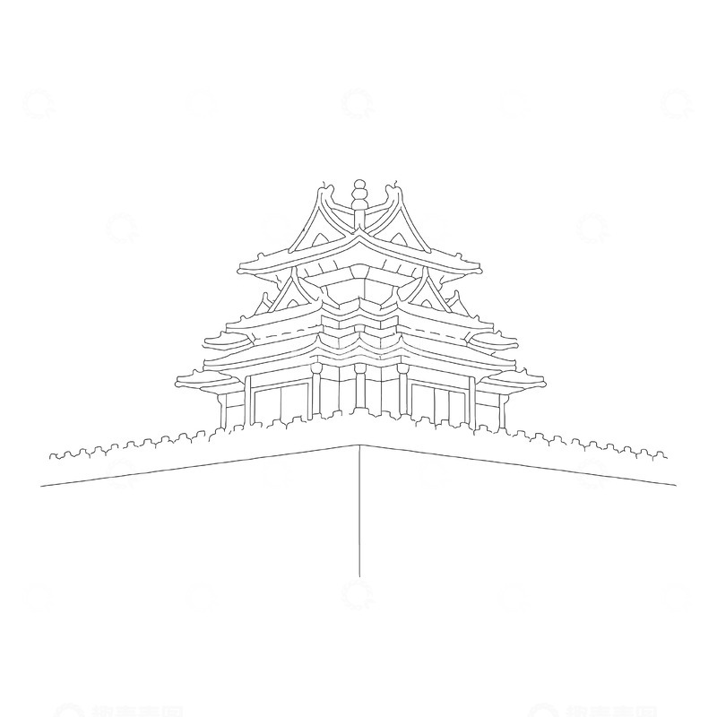 源文件下载【趣麦麦图】线描中式古建筑塔楼
