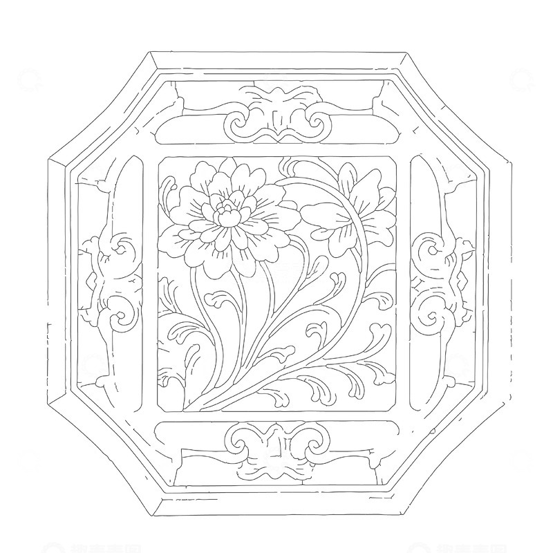 源文件下载【趣麦麦图】牡丹中式花窗线描