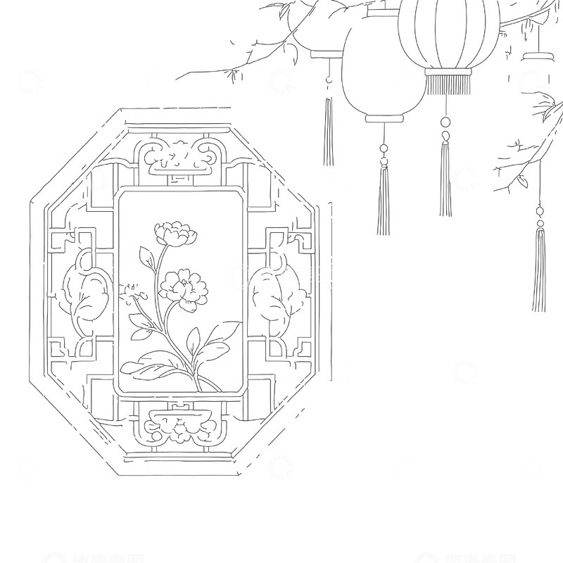 源文件下载【趣麦麦图】中式花窗古典线描