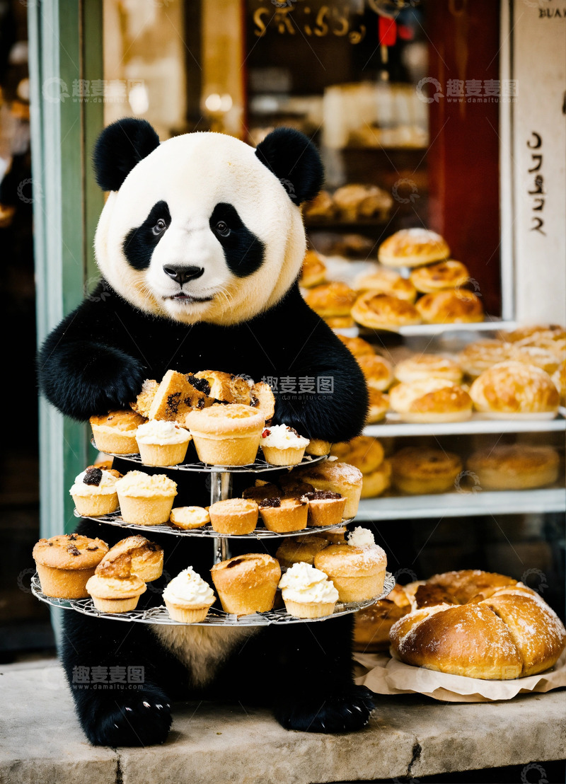 高清大图下载【趣麦麦图】可爱面包甜品店熊猫AI插画高清海报背景素2