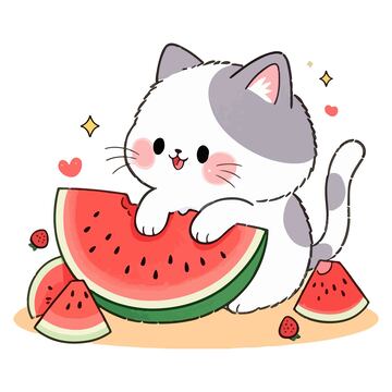 夏日偷吃西瓜的小猫