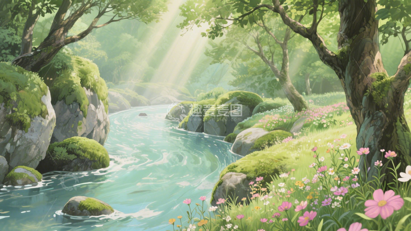 高清大图下载【趣麦麦图】森林溪流治愈画4