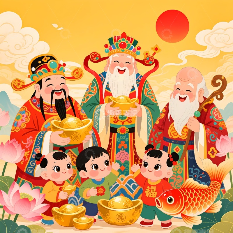 高清大图下载【趣麦麦图】福禄寿财神画