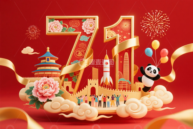 高清大图下载【趣麦麦图】七一建党节3D渲染中式背景