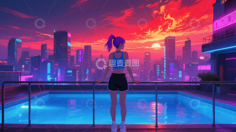 高清大图下载【趣麦麦图】赛博天台霓虹景3
