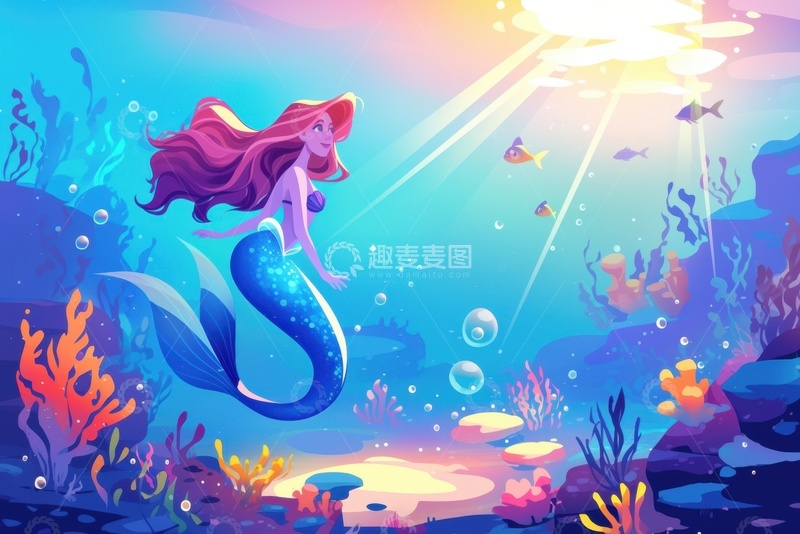 高清大图下载【趣麦麦图】卡通简约海底的美人鱼