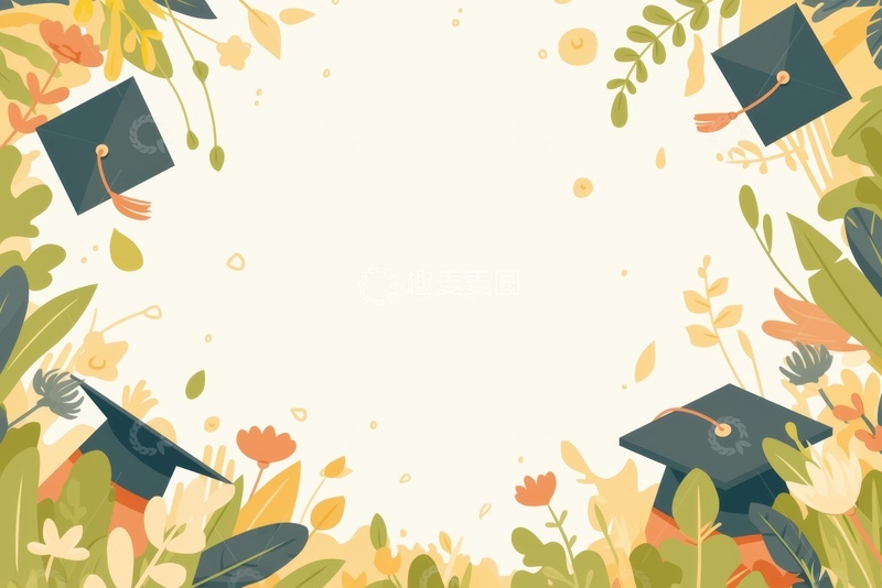 高清大图下载【趣麦麦图】手绘花草博士帽边框背景