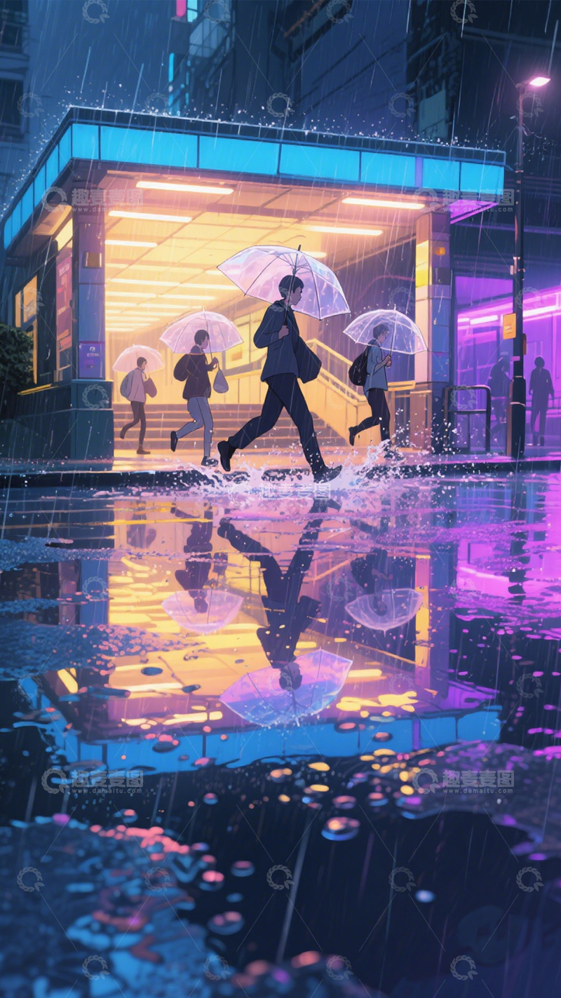 高清大图下载【趣麦麦图】雨夜通勤光影图1