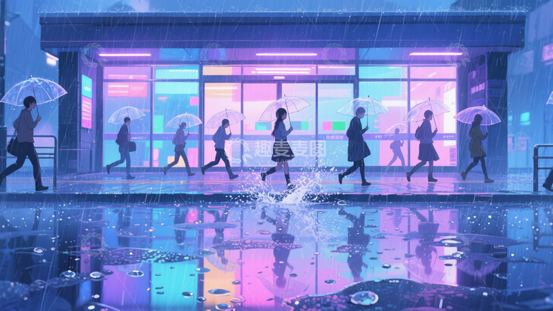 高清大图下载【趣麦麦图】雨夜通勤光影图3