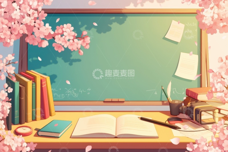 高清大图下载【趣麦麦图】卡通黑板书籍花朵插画背景