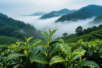 高山上带着露珠的茶叶