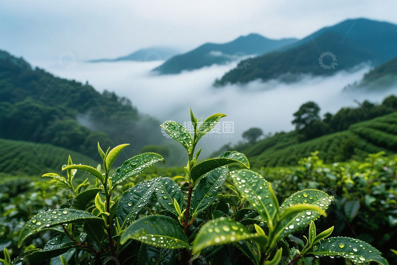 高清大图下载【趣麦麦图】高山上带着露珠的茶叶