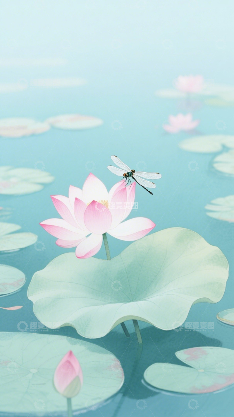 高清大图下载【趣麦麦图】水墨荷花蜻蜓意境1