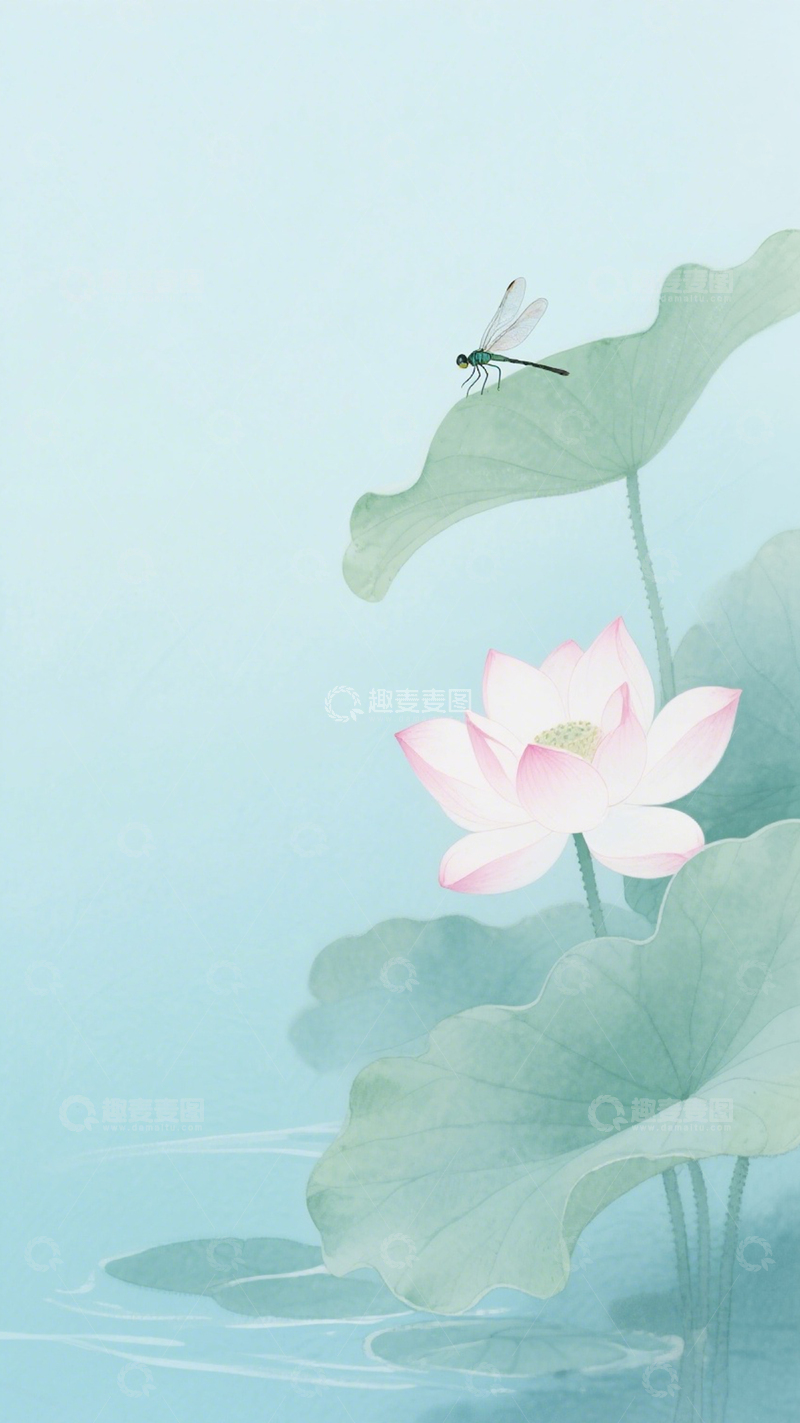 高清大图下载【趣麦麦图】水墨荷花蜻蜓意境2