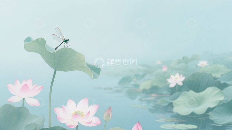 高清大图下载【趣麦麦图】水墨荷花蜻蜓意境4