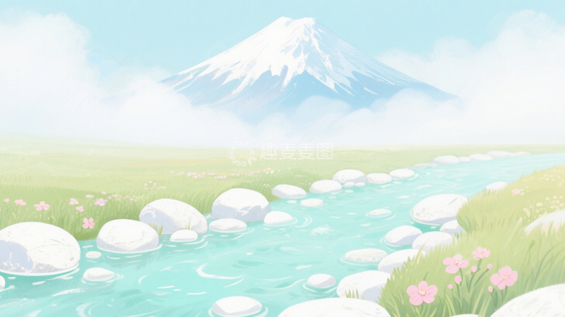 高清大图下载【趣麦麦图】四季山水溪流插画3
