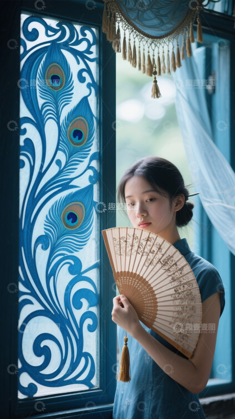 高清大图下载【趣麦麦图】国风旗袍折扇典雅2