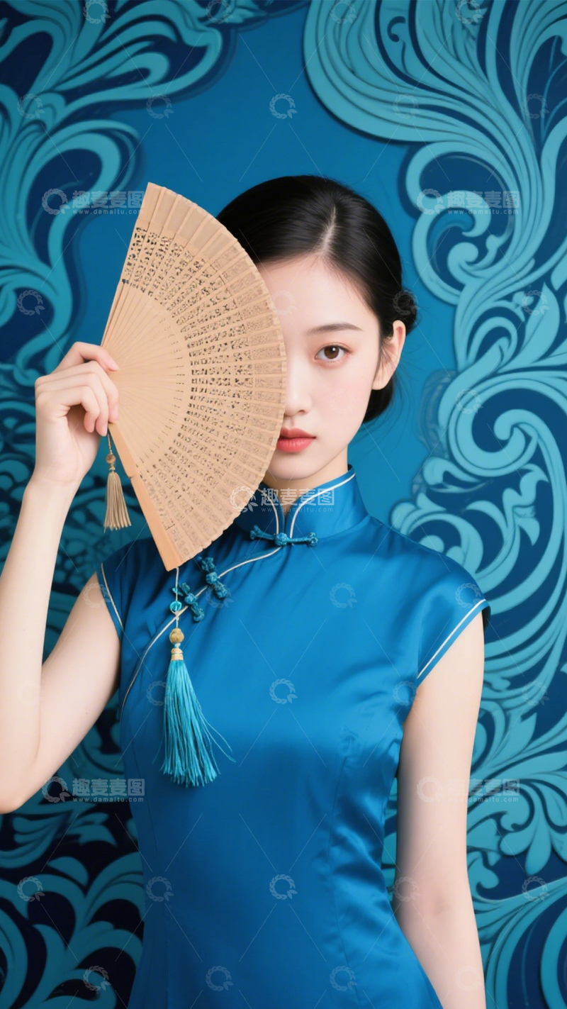 高清大图下载【趣麦麦图】国风旗袍折扇典雅1