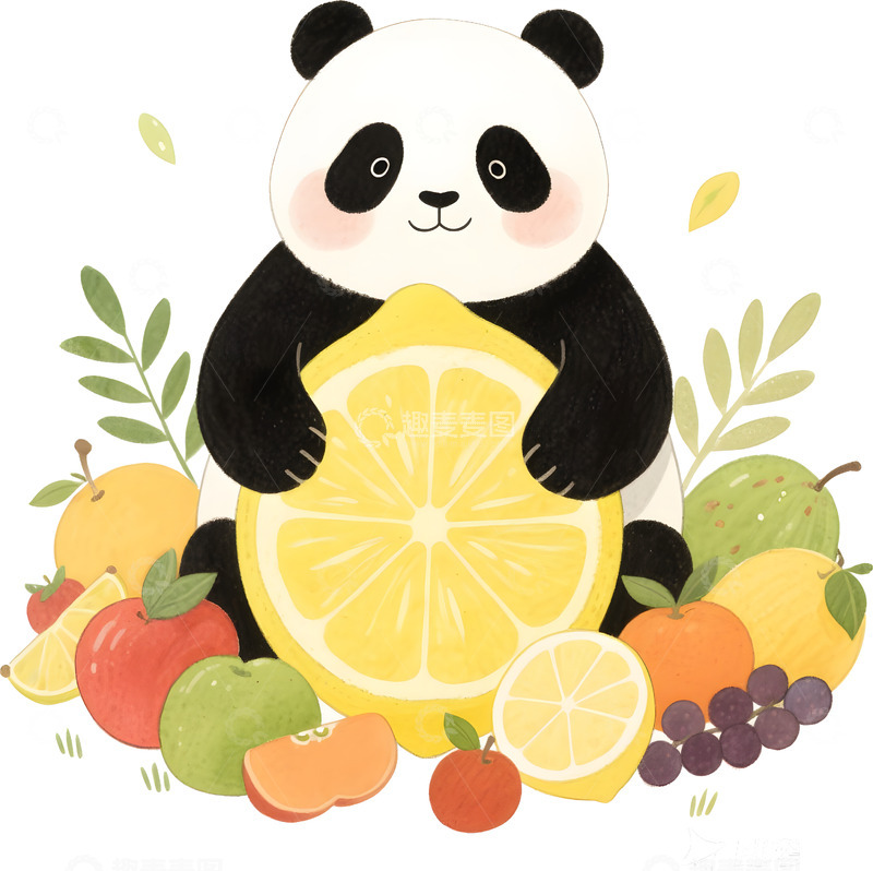 高清大图下载【趣麦麦图】熊猫与柠檬插画1