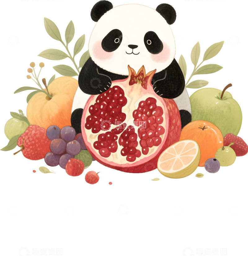 高清大图下载【趣麦麦图】熊猫与石榴插画