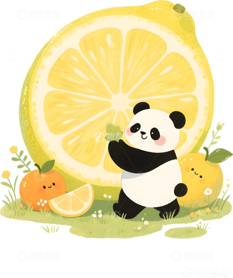 高清大图下载【趣麦麦图】熊猫与柠檬插画