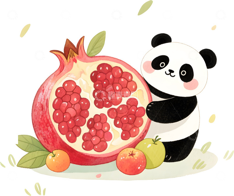 高清大图下载【趣麦麦图】熊猫与石榴插画1