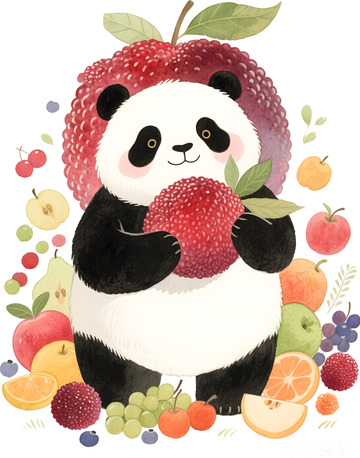 熊猫与杨梅水果插画