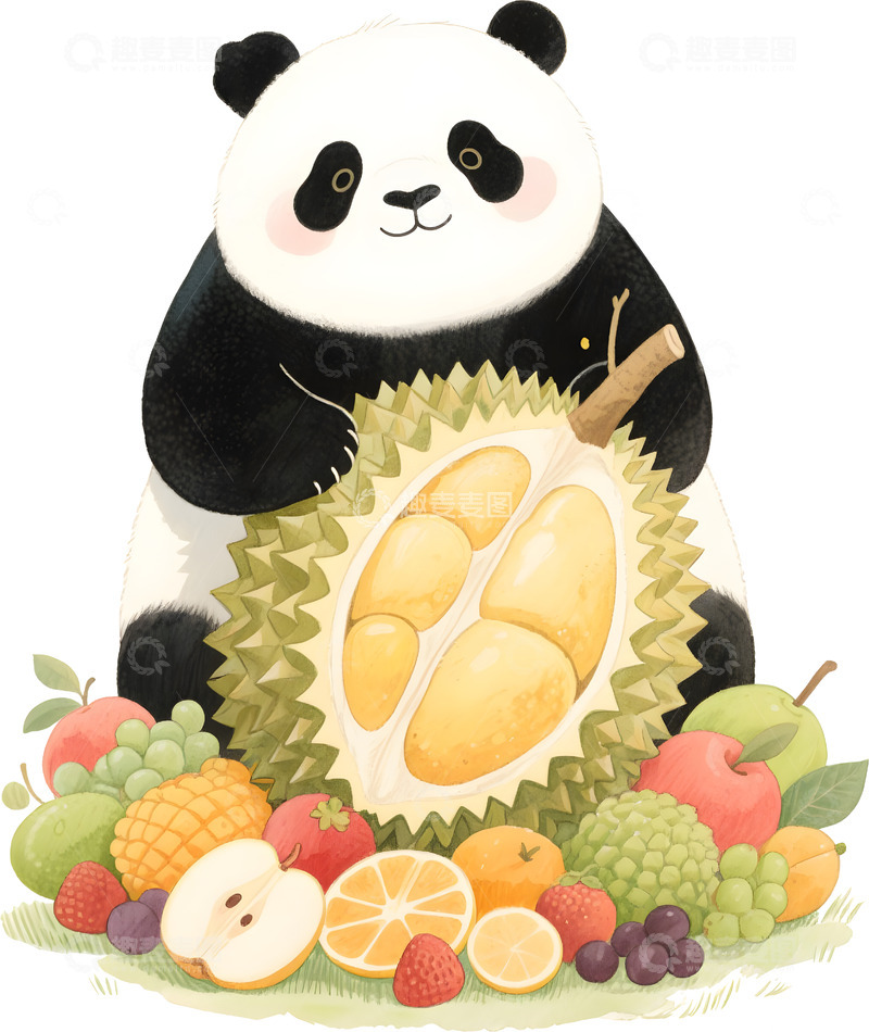 高清大图下载【趣麦麦图】熊猫与榴莲插画