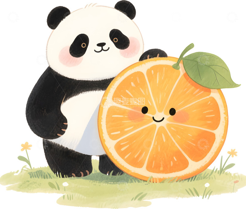 高清大图下载【趣麦麦图】熊猫与橙子插画