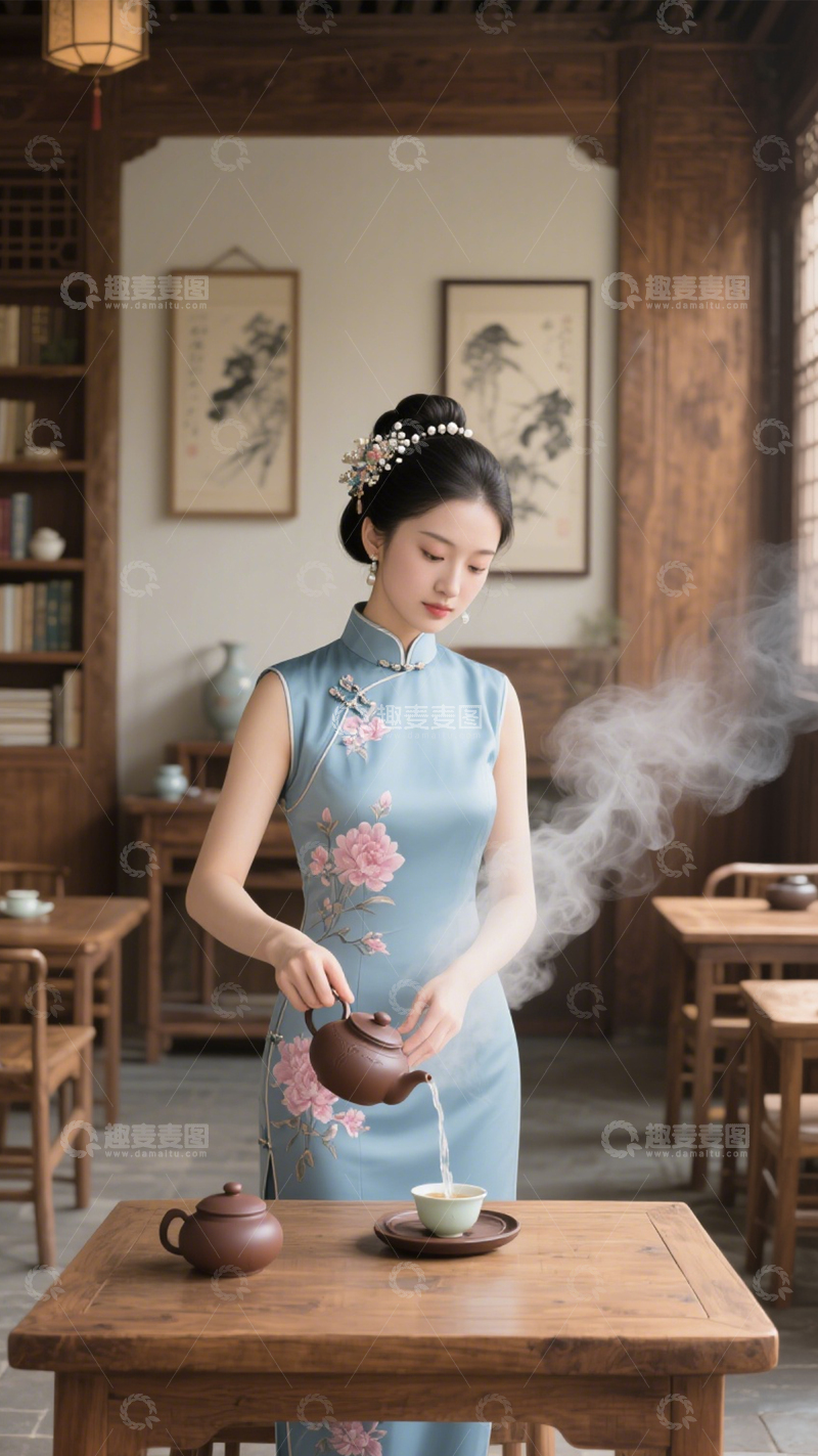 高清大图下载【趣麦麦图】国风旗袍茶艺雅韵1