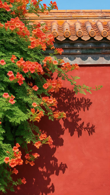 红墙凌霄花枝