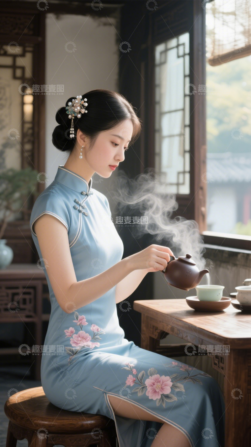 高清大图下载【趣麦麦图】国风旗袍茶艺雅韵2