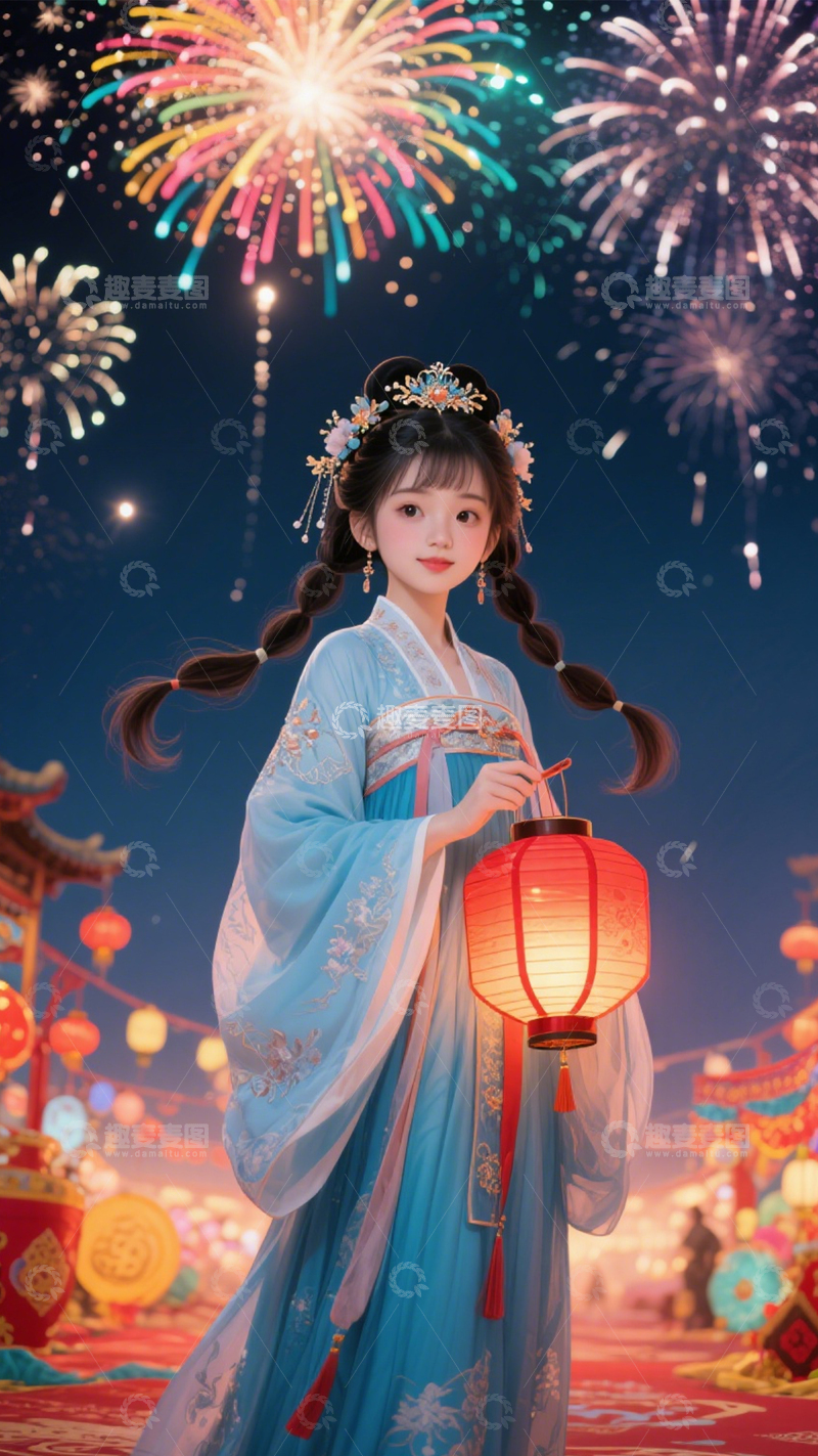 高清大图下载【趣麦麦图】国风花灯汉服夜景1