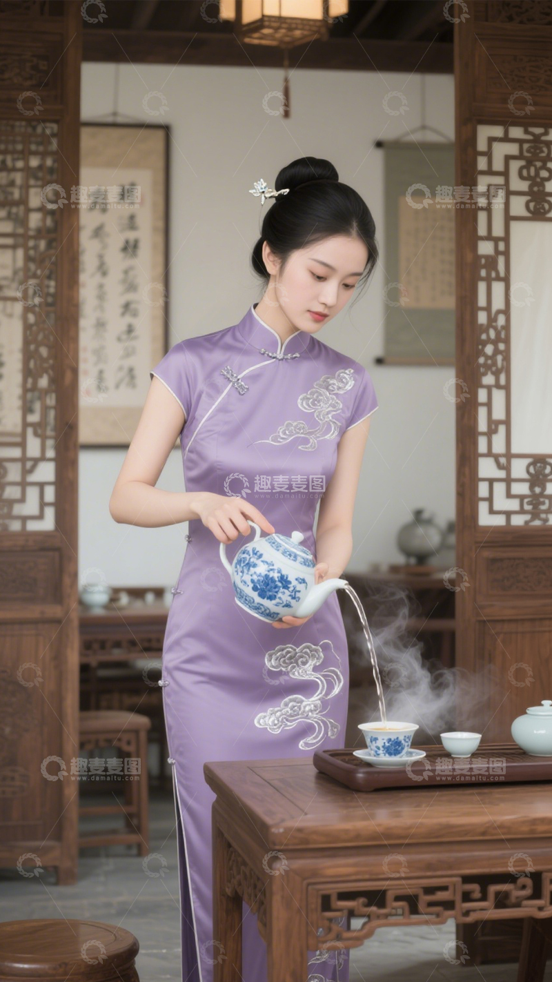 高清大图下载【趣麦麦图】国风旗袍茶艺雅韵3