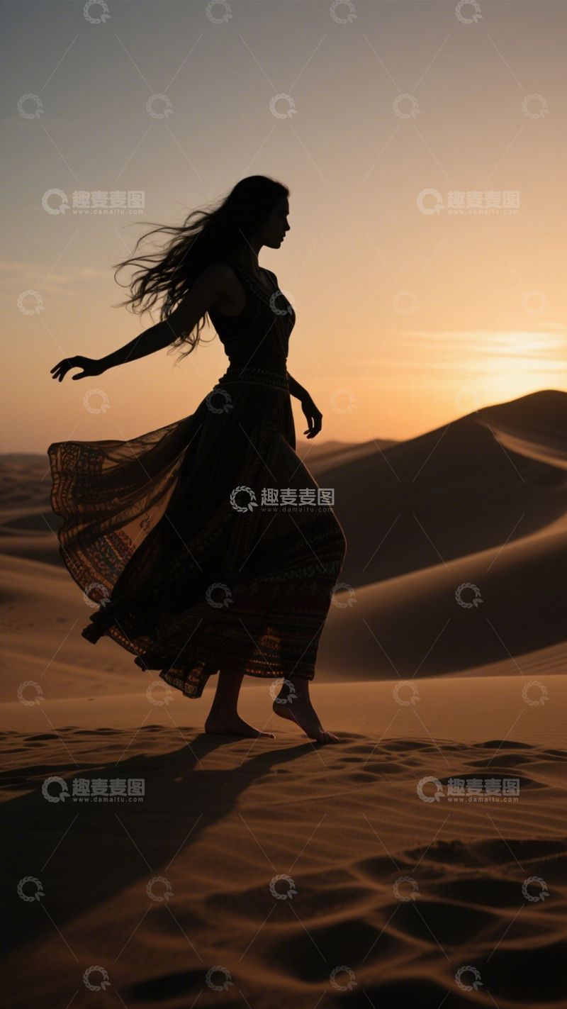 高清大图下载【趣麦麦图】沙漠夕阳剪影舞姿1