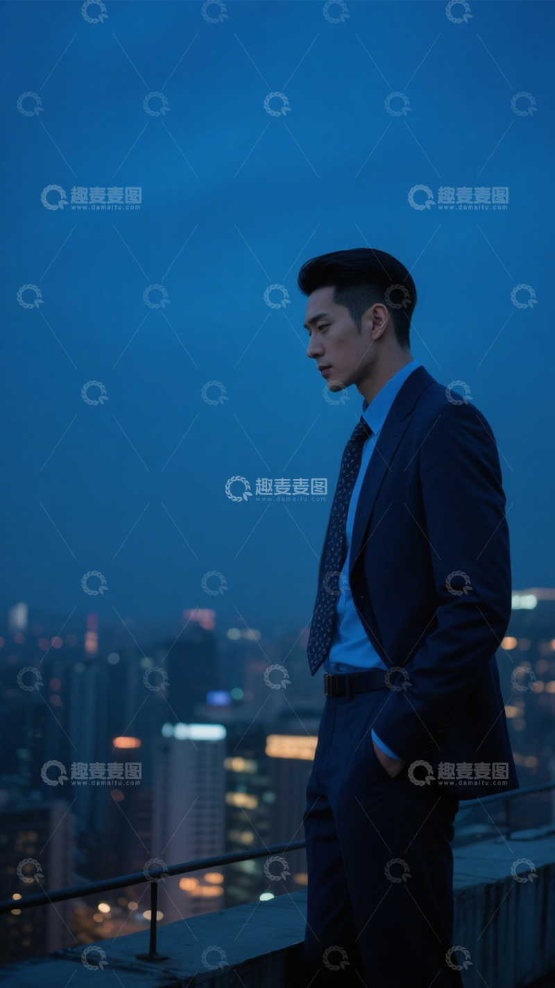 高清大图下载【趣麦麦图】都市天台西装沉思1