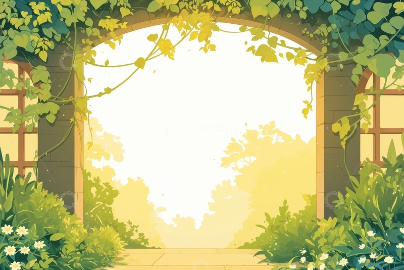 高清大图下载【趣麦麦图】手绘水彩门框树藤背景