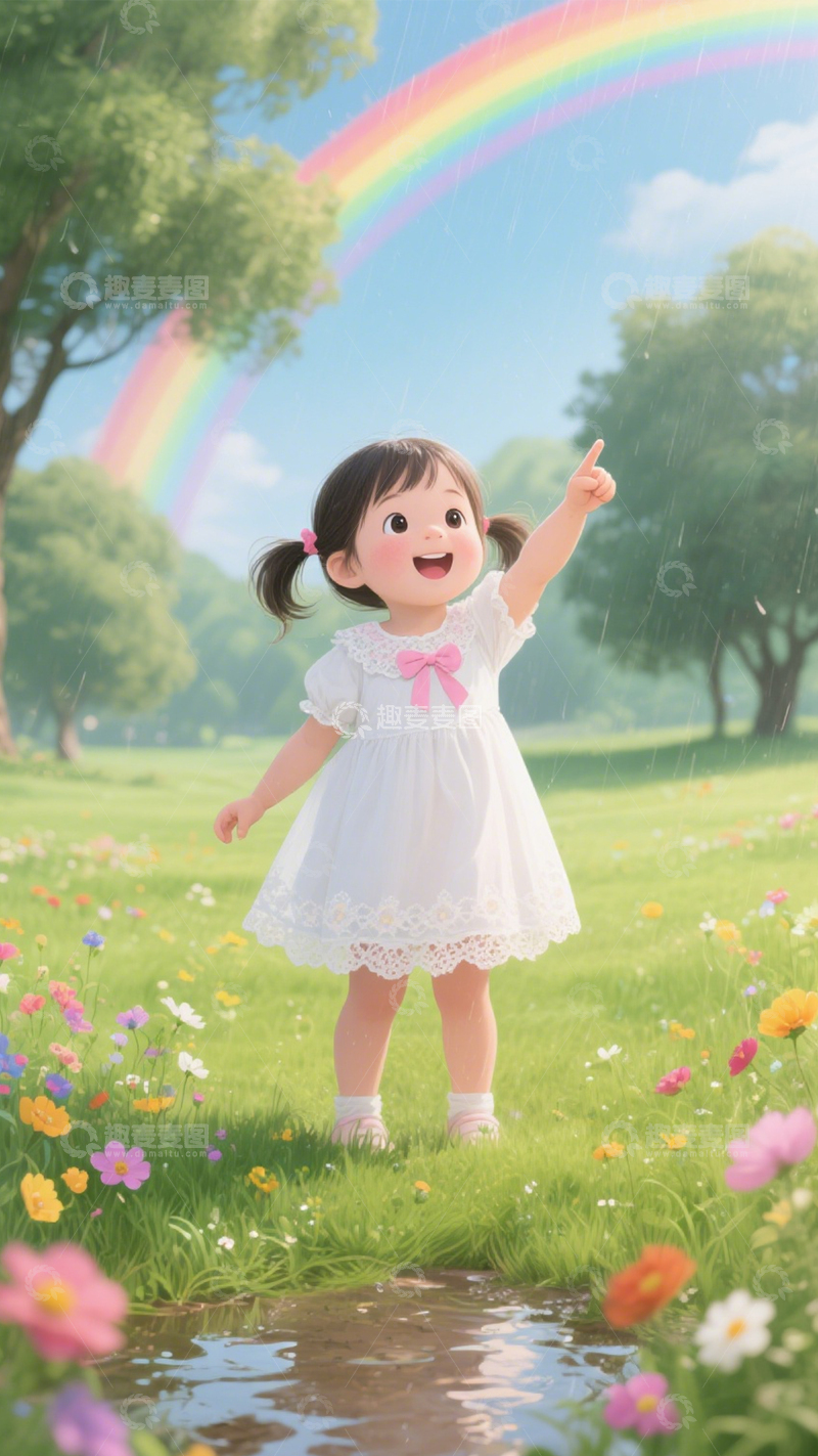 高清大图下载【趣麦麦图】童真女孩追彩虹1