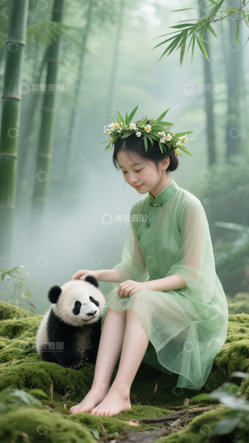 高清大图下载【趣麦麦图】竹林国风熊猫之约4