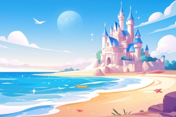 手绘海边城堡背景