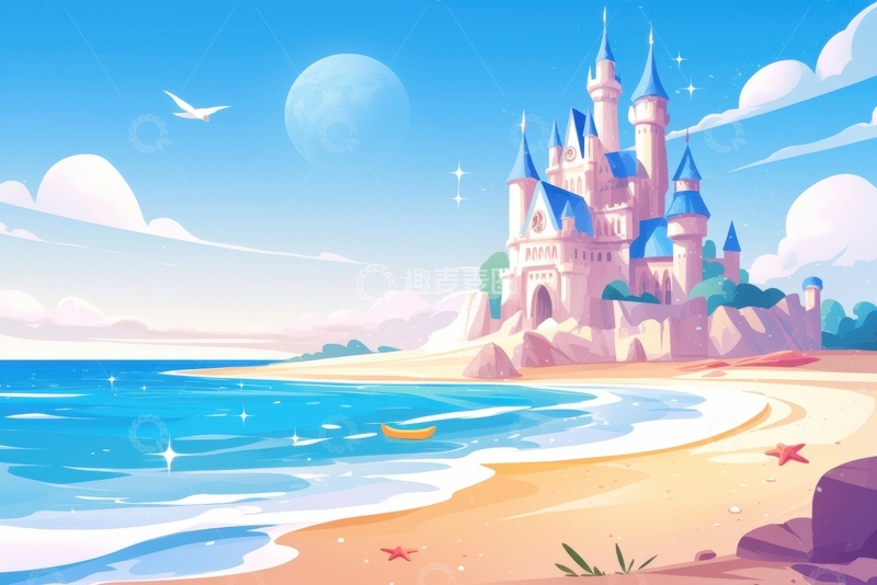 高清大图下载【趣麦麦图】手绘海边城堡背景