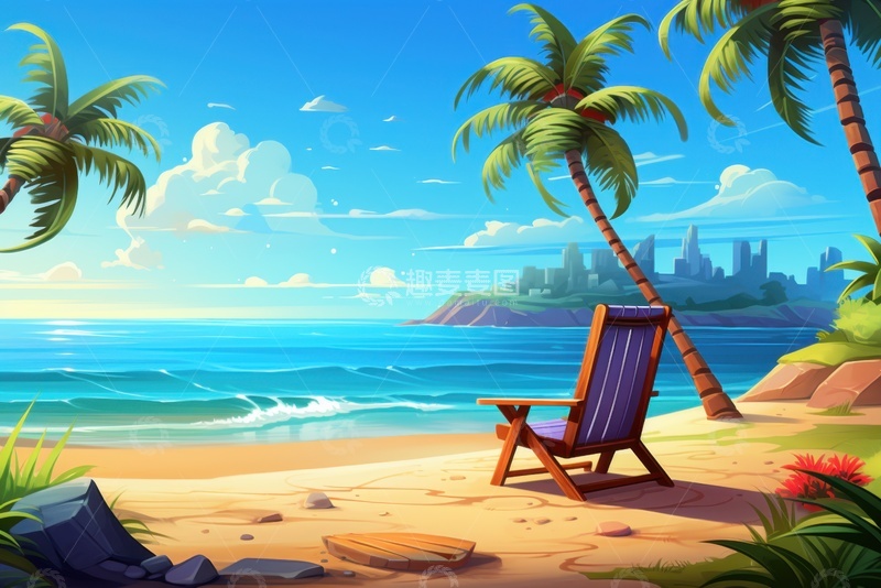 高清大图下载【趣麦麦图】卡通简约户外沙滩度假村